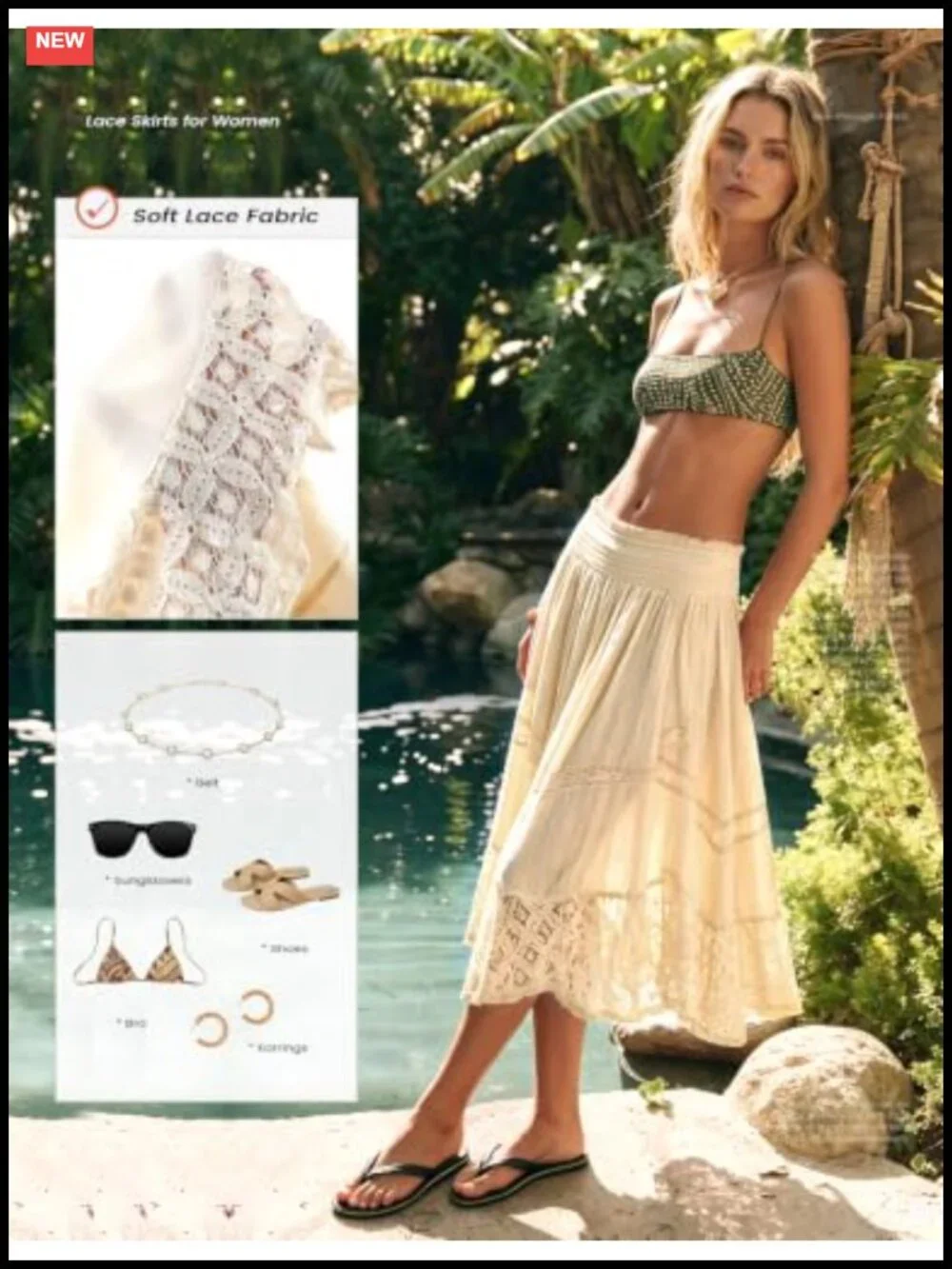 Asymmetrical Lace Tiered Flowy Boho Skirt | Elastic Waist Midi A-Line